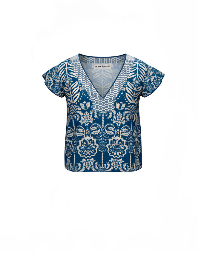 India & Mills Inca V-Neck Tropic Top, Blue (BLUE), large