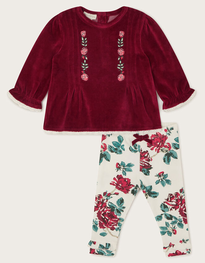 Newborn Velour Top and Floral Leggings Set, Red (RED), large