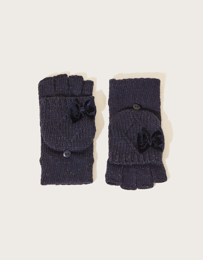 Bow Knit Capped Mitten Gloves with Recycled Polyester, Blue (NAVY), large