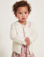 Baby Floral Embroidered Knit Cardigan, Ivory (IVORY), large