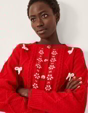 Evie Bow Cable Knit Cardigan, Red (RED), large