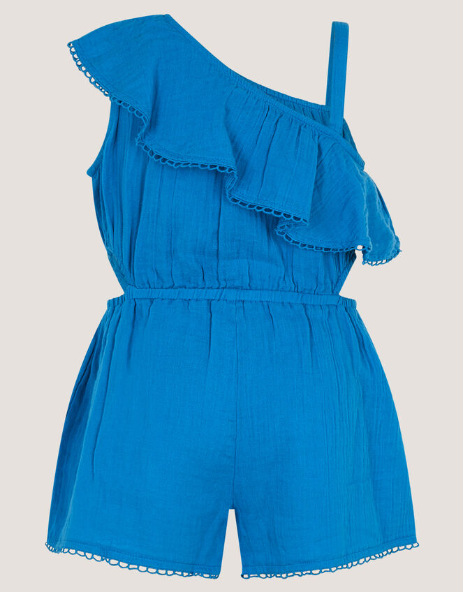 One Shoulder Floral Embroidered Playsuit, Blue (BLUE), large