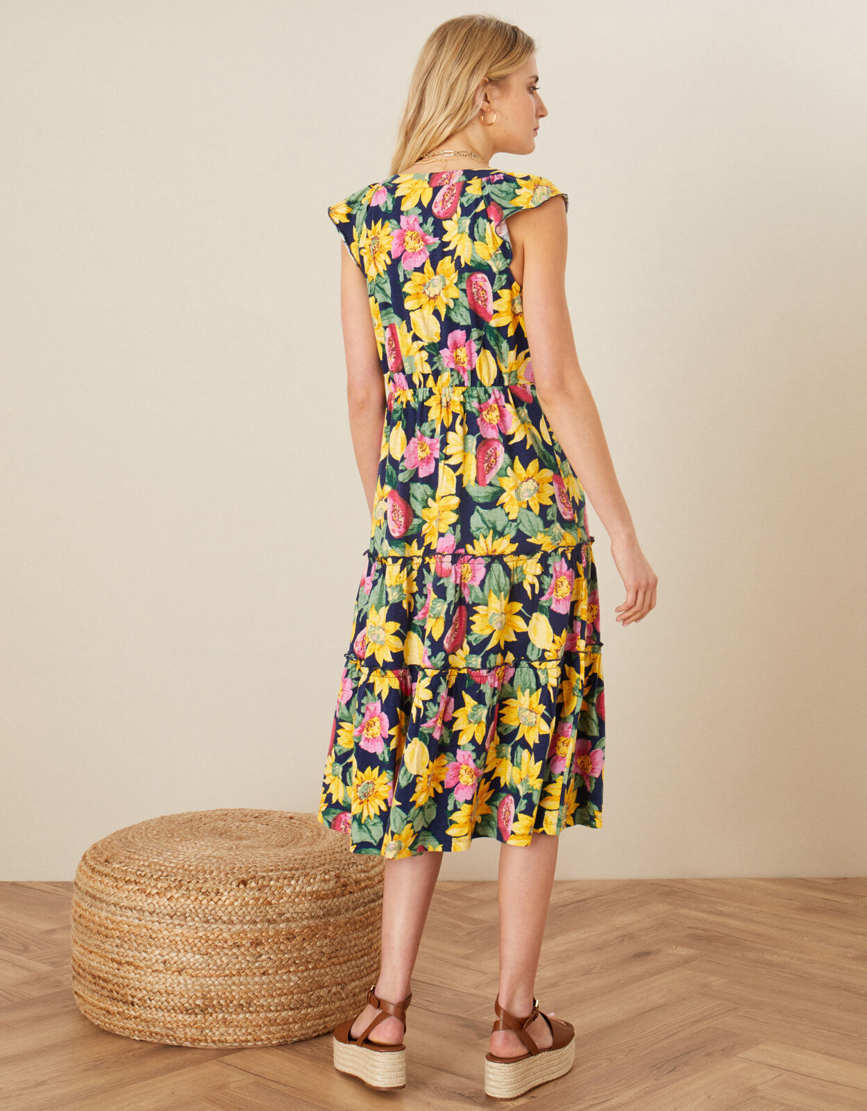 Floral Print Jersey Midi Dress Blue