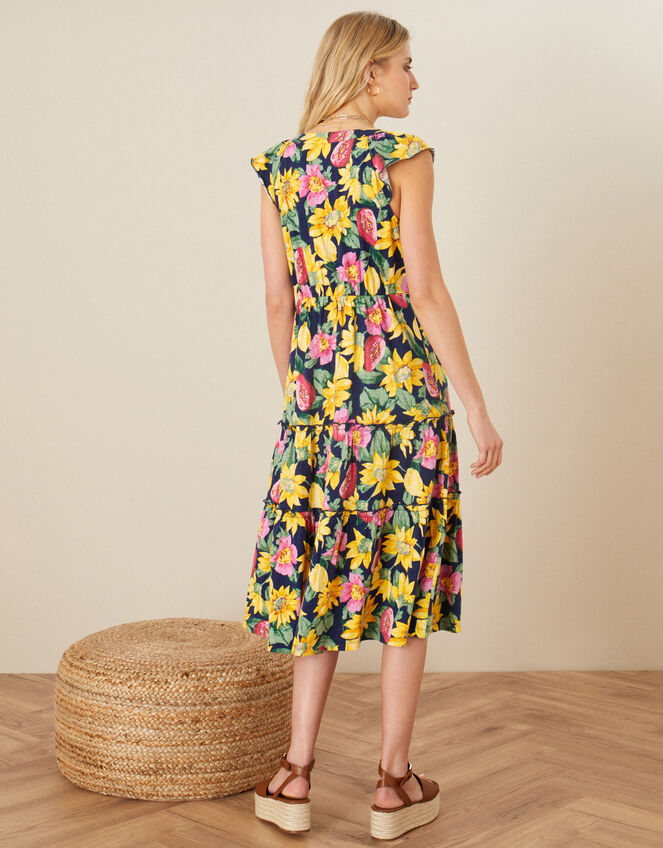 Floral Print Jersey Midi Dress , Blue (NAVY), large