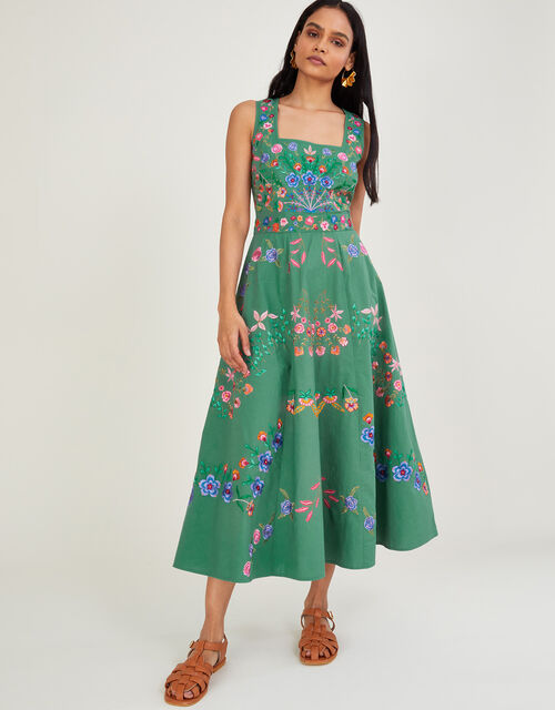 Lorraine Embroidered Midi Dress in Sustainable Cotton, Green (GREEN), large