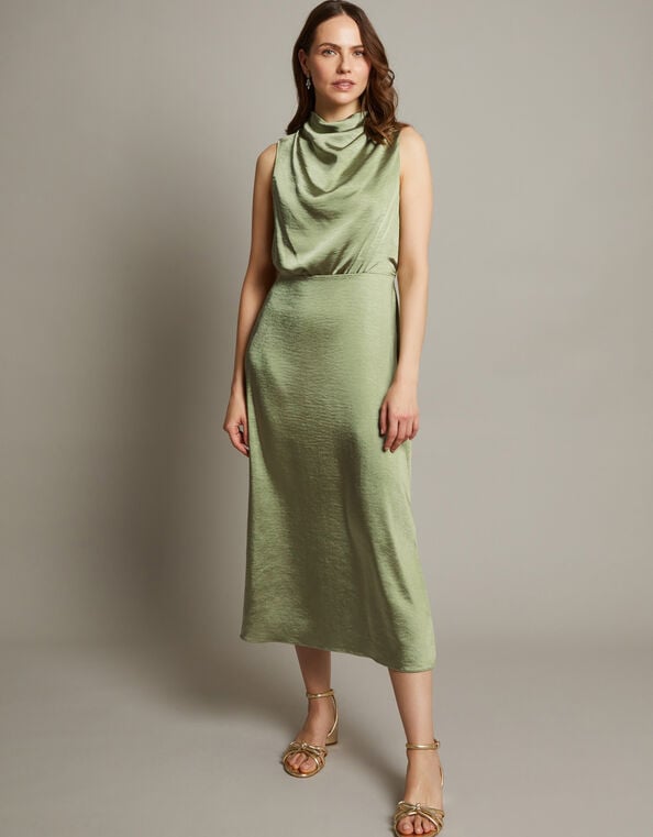 Livia Satin Cowl Halter Midi Dress, Green (SAGE), large