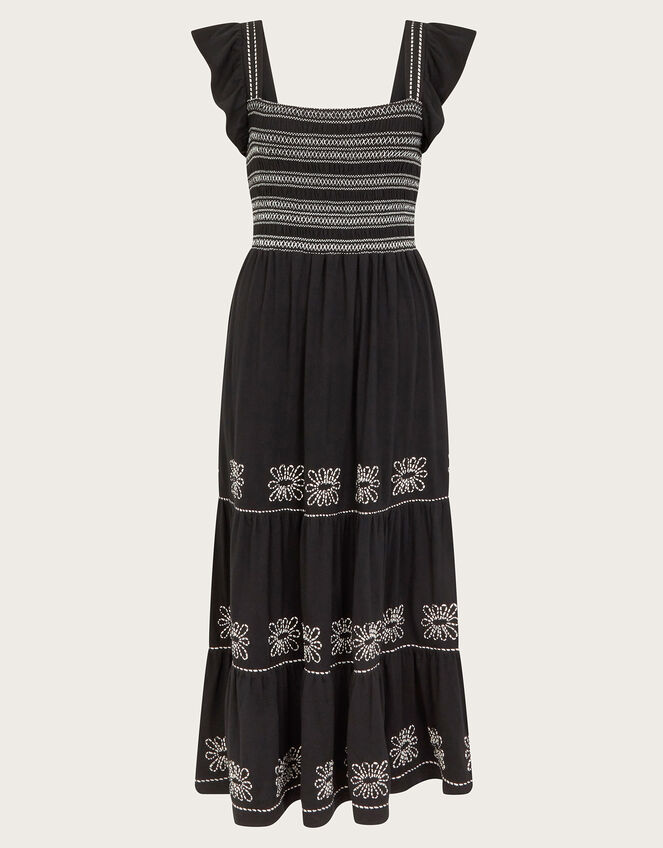 Emi Square Neck Embroidered Midi Dress, Black (BLACK), large