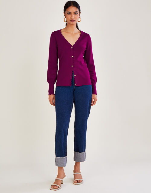 Scallop Trim Cardigan with LENZING™ ECOVERO™ , Red (MULBERRY), large