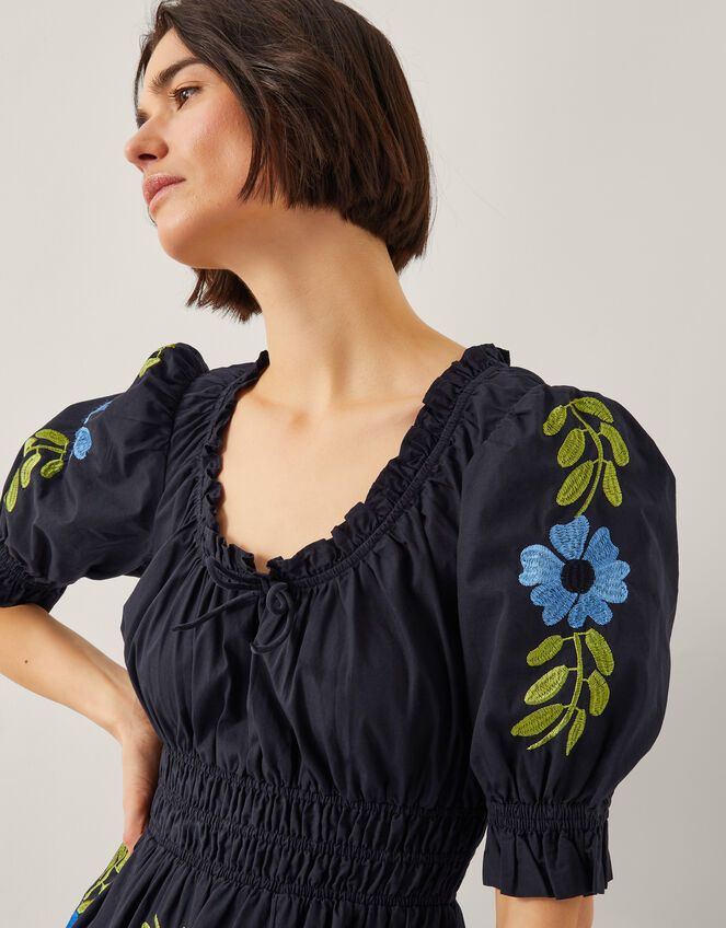Shona Embroidered Puff-Sleeve Midi Dress, Black (BLACK), large