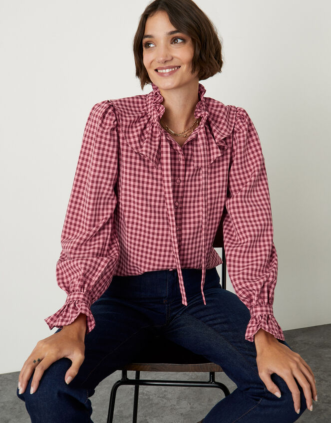 Monica Check Frill Blouse, Pink (PINK), large