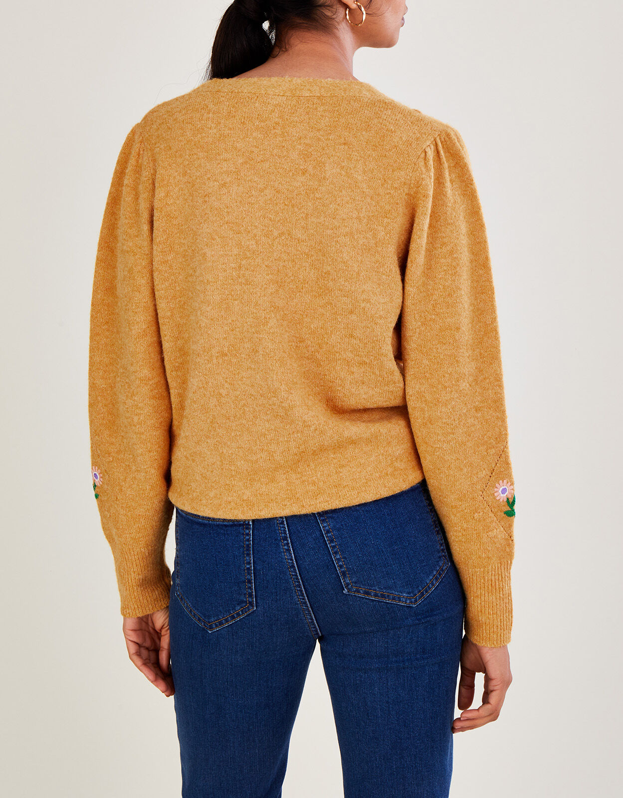 Floral Embroidered Bobble Cardigan with Recycled Polyester Yellow