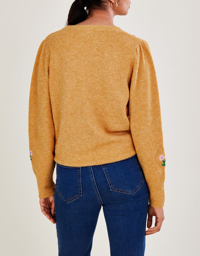 Floral Embroidered Bobble Cardigan with Recycled Polyester, Yellow (OCHRE), large