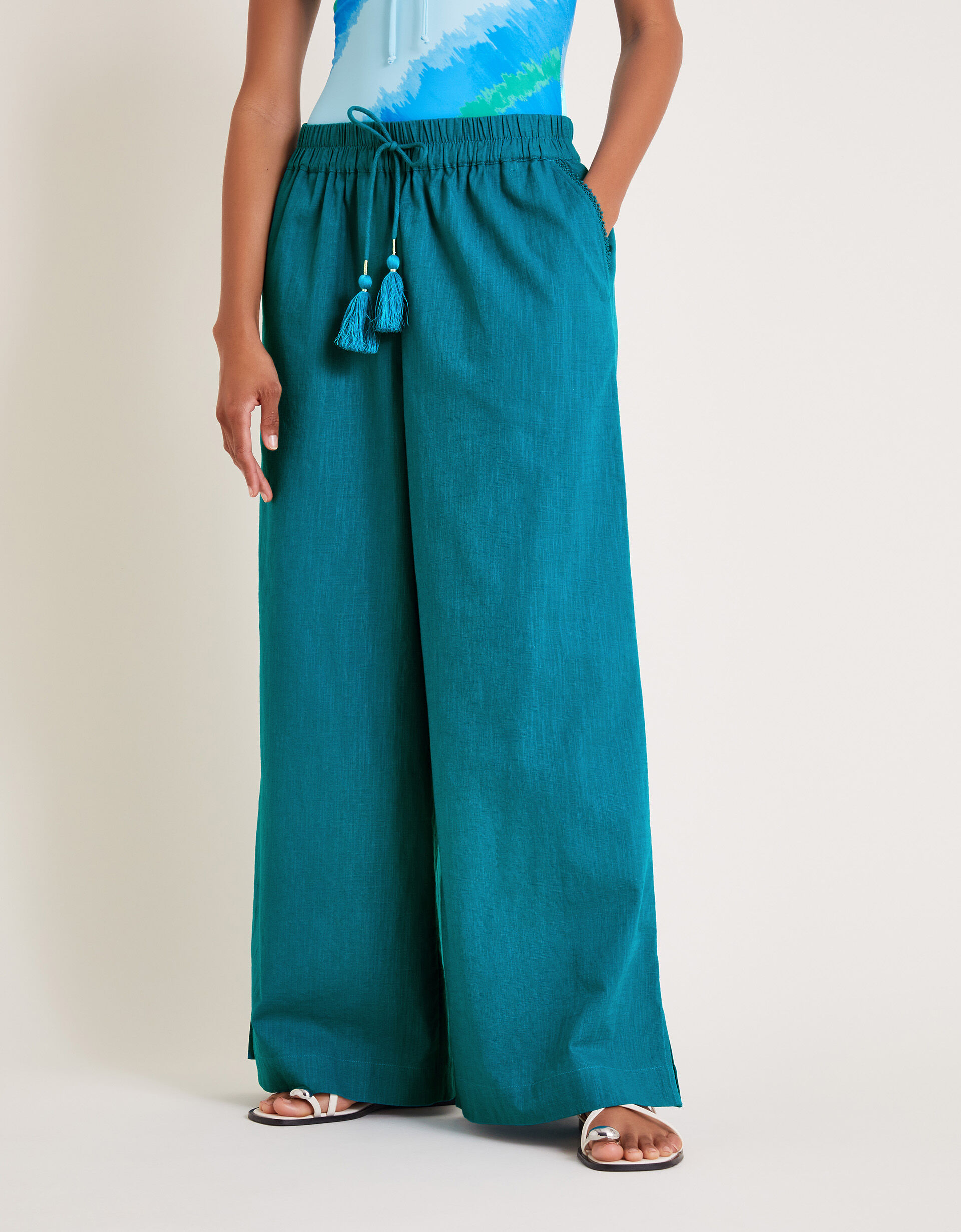 Yara Plain Wide Leg Trousers Teal
