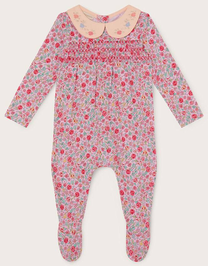 Newborn Shirred Ditsy Smocked Sleepsuit Pink