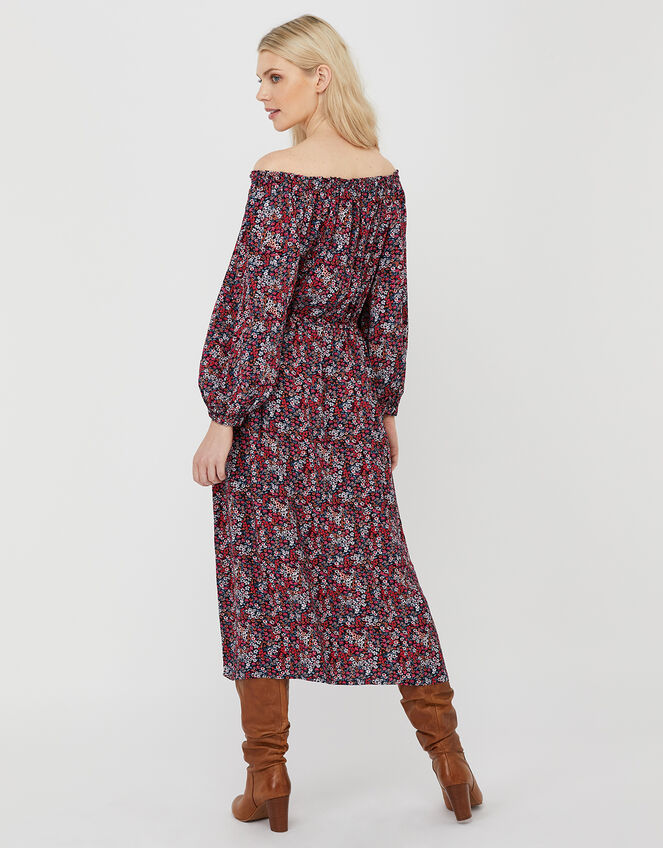 Ivy Ditsy Floral Bardot Midi Dress, Red (RED), large