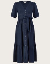 Cutwork Detail Tiered Dress in Linen Blend, Blue (NAVY), large