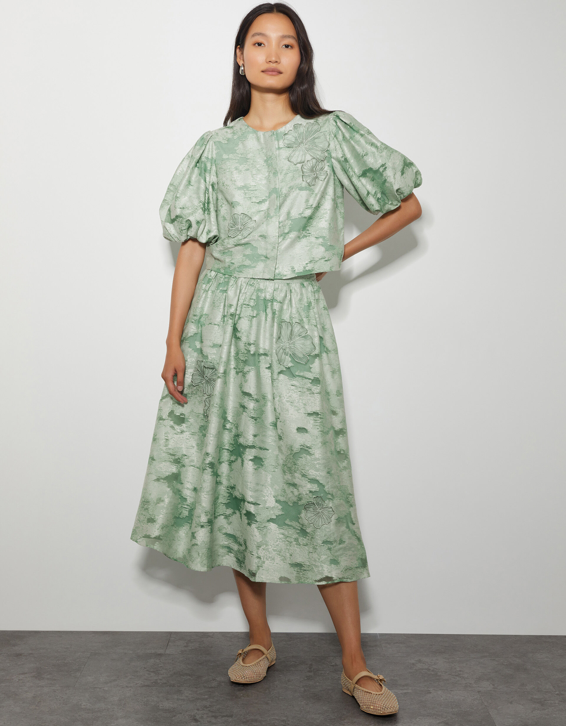 Pastel Green Jacquard Puff Sleeve Top & Smocked Skirt Set