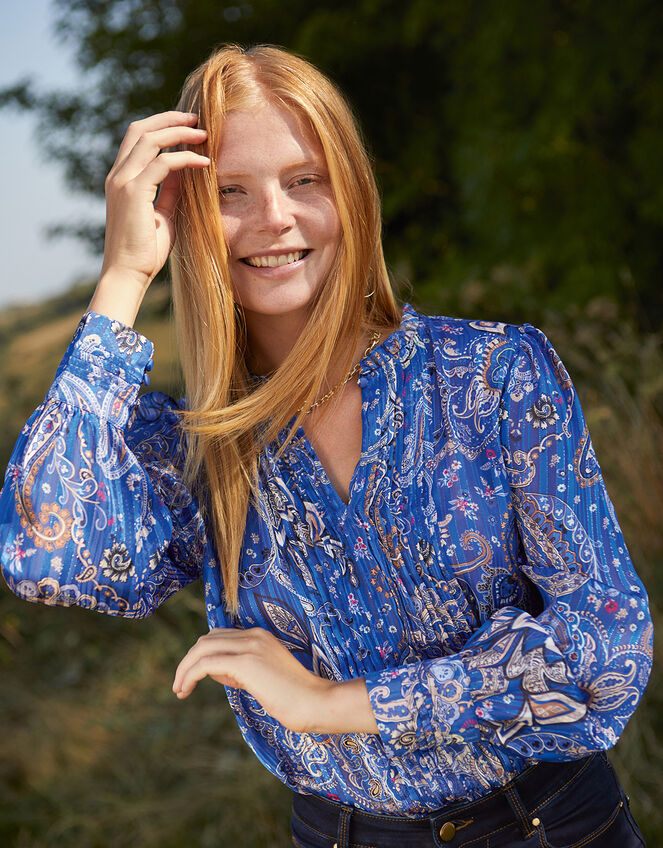 Paisley Print Pintuck Blouse, Blue (COBALT), large