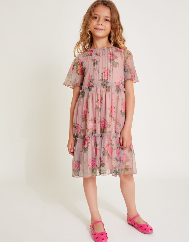 Guilia Flutter Sleeve Floral Tulle Dress, Pink (PINK), large