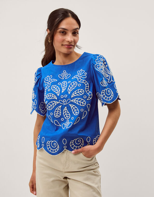 Keira Short Sleeve Embroidered Top, Blue (COBALT), large