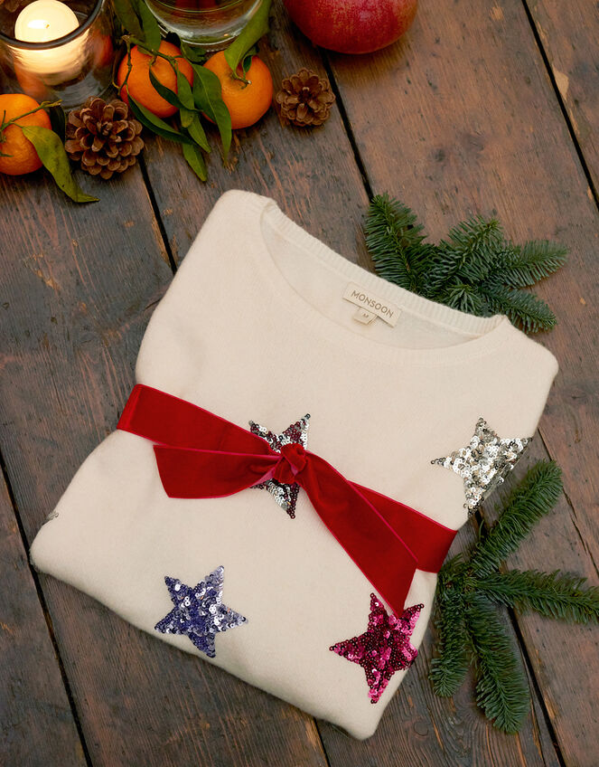 Sequin Star Knit Jumper, Ivory (IVORY), large