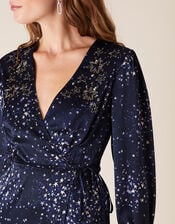 Ditsy Star Print Embellished Wrap Dress, Blue (NAVY), large