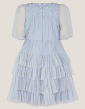 Long Sleeve Bow Beaded Ruffle Dress, Blue (BLUE), large