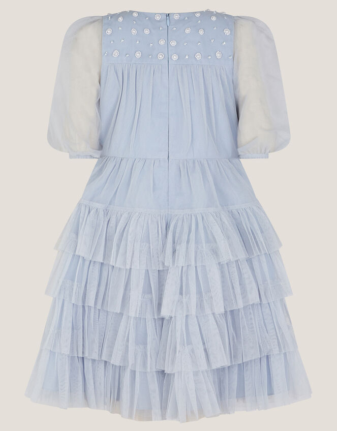 Long Sleeve Bow Beaded Ruffle Dress, Blue (BLUE), large