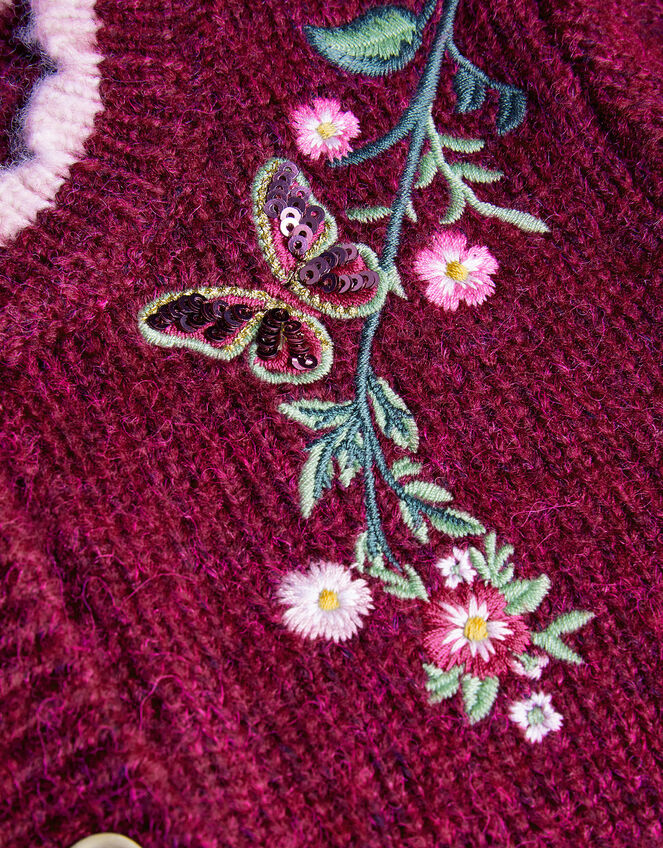 Floral Embroidered Cardigan, Red (BURGUNDY), large