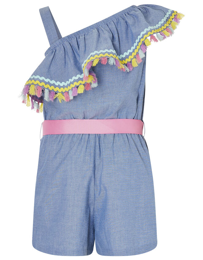 Tassel Trim One-Shoulder Chambray Playsuit, Blue (BLUE), large