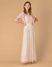 Florence Embellished Flutter Sleeve Maxi Dress, Nude (NUDE), large