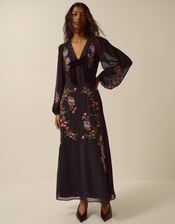 Margot Long Sleeve Floral Embroidered Midi Dress, Black (BLACK), large