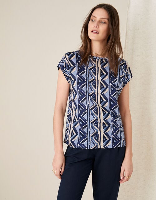 Berta Printed Top in Pure Linen, Blue (NAVY), large