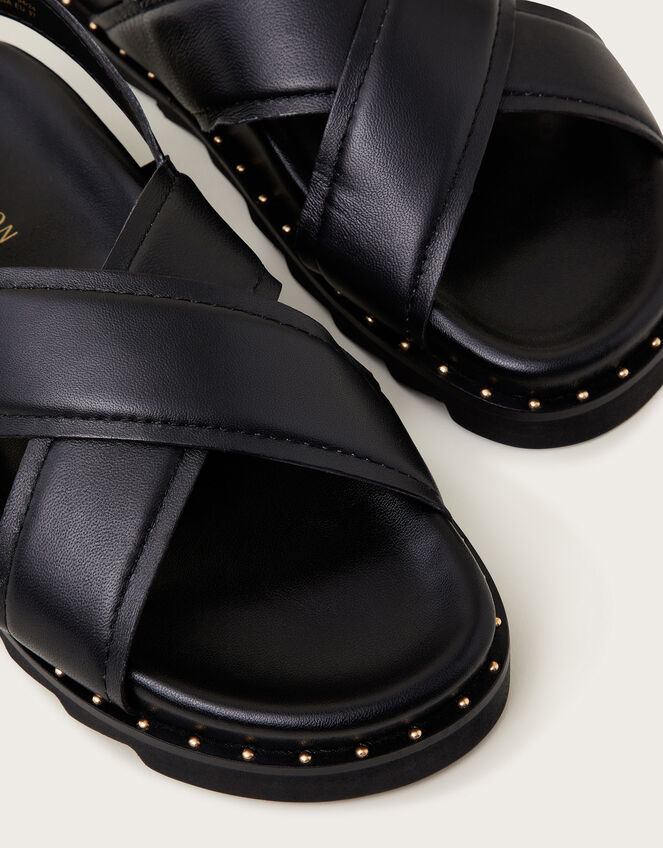 Leather Cross-Over Strap Sandals, Black (BLACK), large