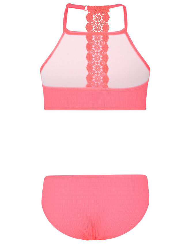 Crochet Insert Shirred Bikini Set, Orange (CORAL), large