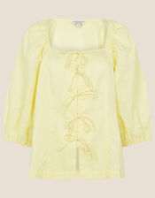 Tie Front Blouse in Linen Blend, Yellow (YELLOW), large