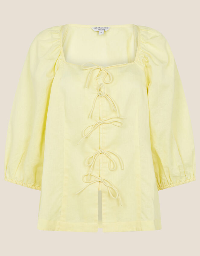 Tie Front Blouse in Linen Blend, Yellow (YELLOW), large