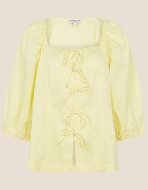 Tie Front Blouse in Linen Blend, Yellow (YELLOW), large