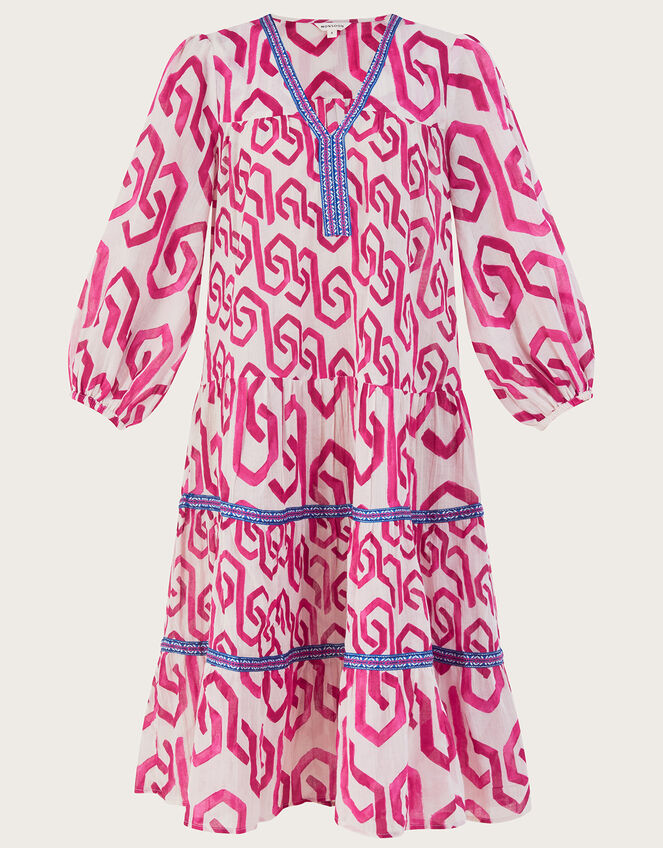 Geometric Print Kaftan Dress in Sustainable Cotton, Pink (PINK), large