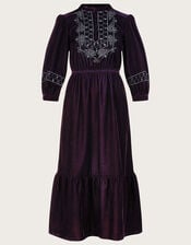 Emily Embroidered Military Velvet Midi Dress, Purple (PLUM), large