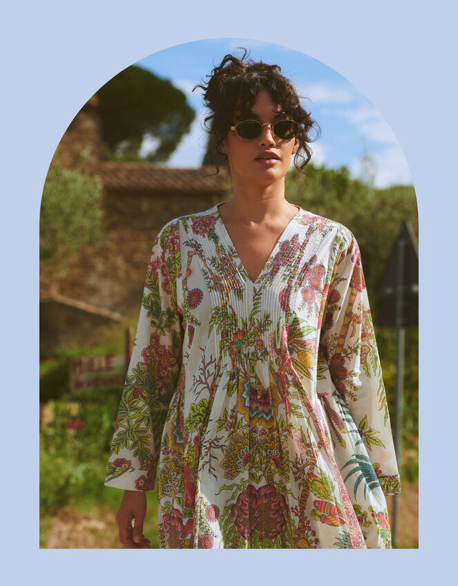 One Hundred Stars Boho Garden Print Maxi Dress, Natural (ECRU), large