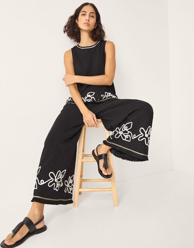 Sara Embroidered Wide Leg Trousers, Black (BLACK), large