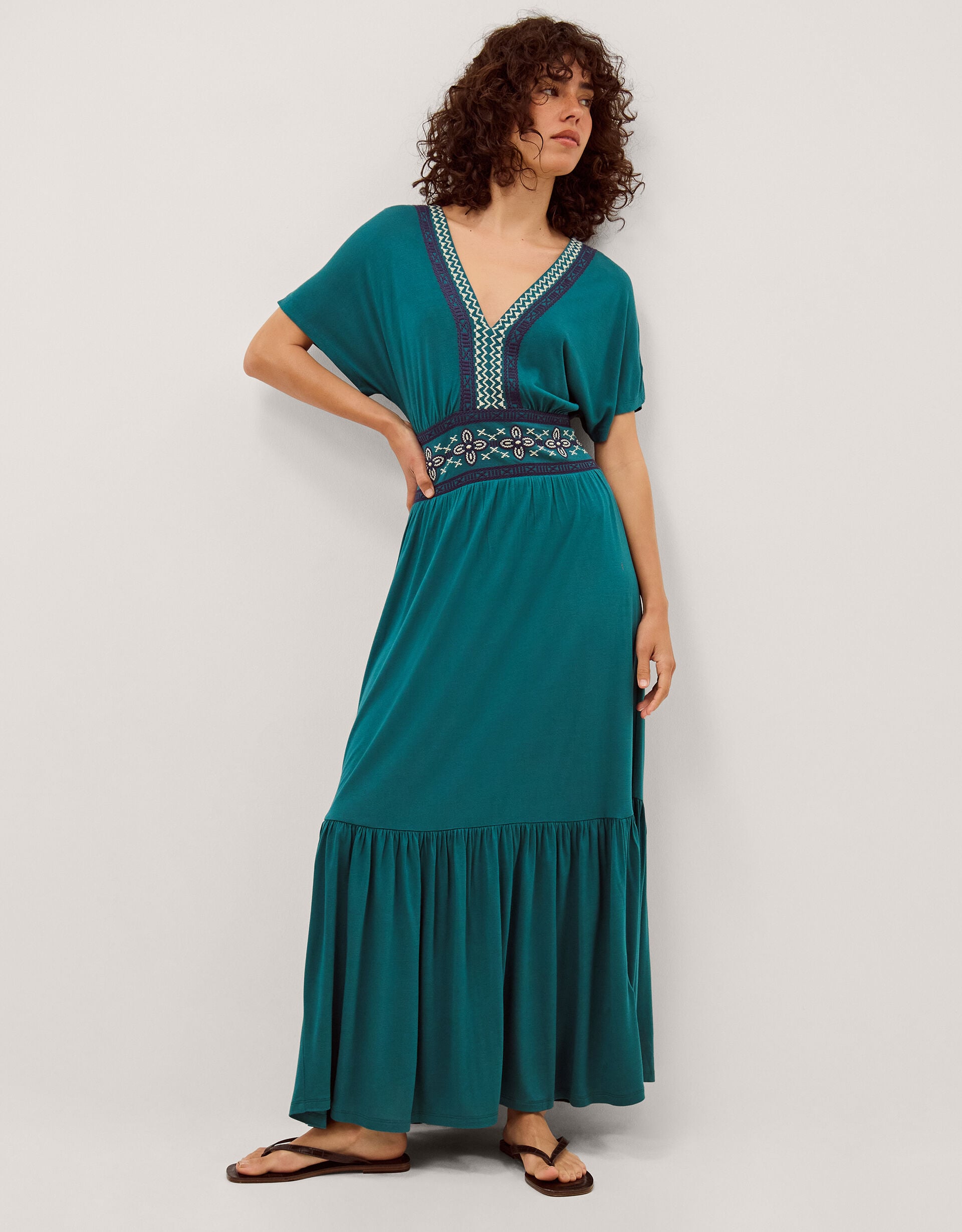 Jacqui Embroidered Jersey Midi Dress Teal