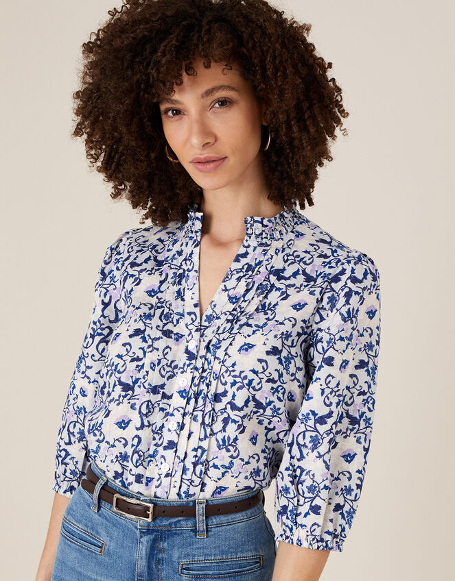 Francine Floral Blouse in Pure Linen, Blue (BLUE), large