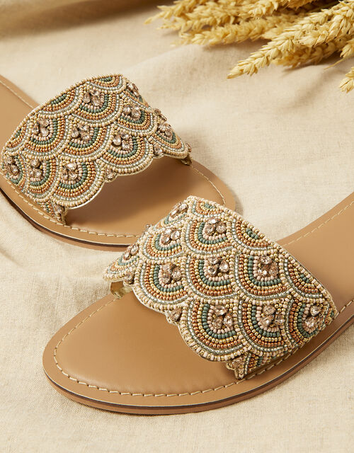 Embellished Scallop Flat Sandals, Natural (NATURAL), large