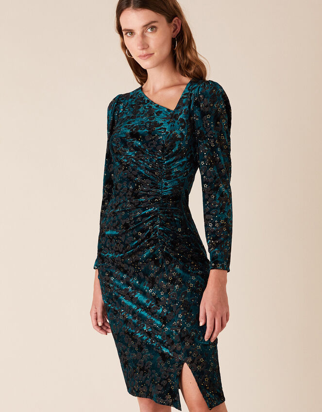 Sadie Animal Star Stretch Velvet Dress, Teal (TEAL), large