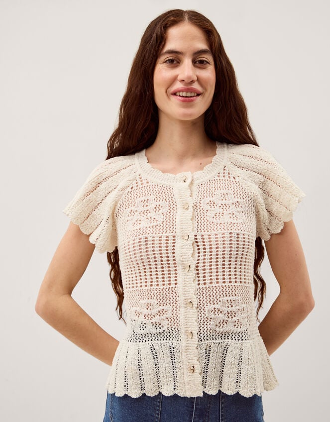 Indi Short Sleeve Floral Pointelle Cardigan, Ivory (IVORY), large