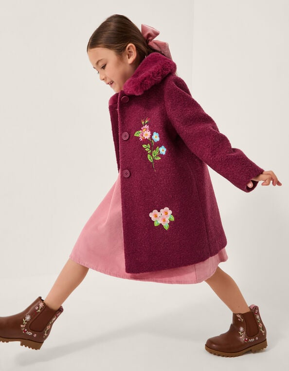 Floral Embroidered Boucle Coat, Red (BURGUNDY), large