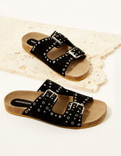 Sadie Double Strap Suede Sandals, Black (BLACK), large
