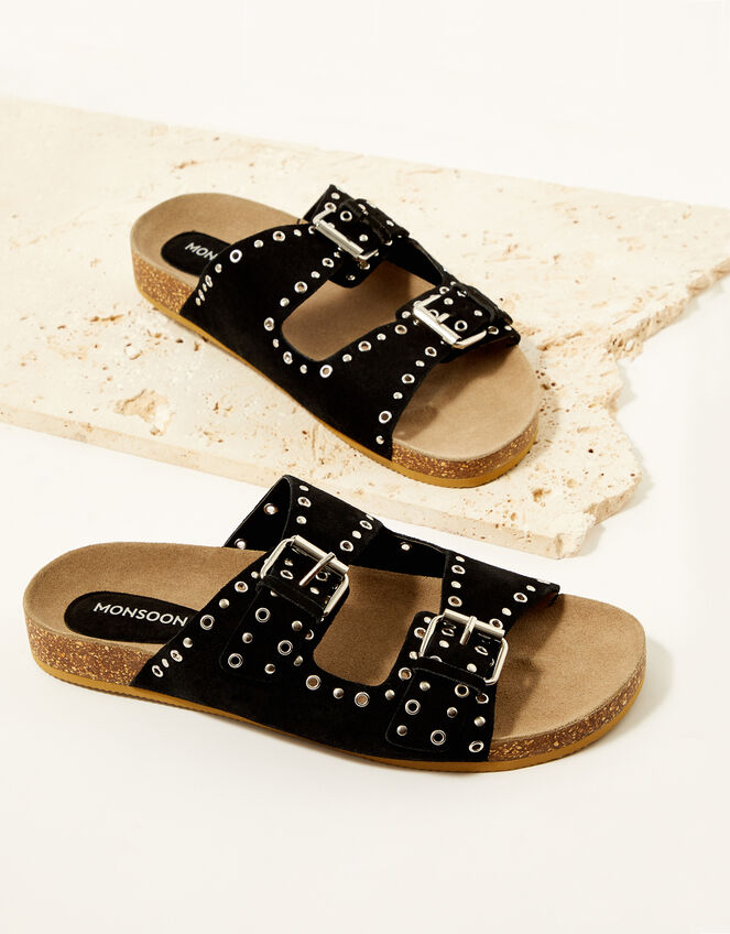 Sadie Double Strap Suede Sandals, Black (BLACK), large